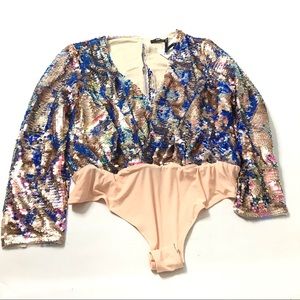 TFNC London US 16 Sequined Bodysuit Top Blouse Open Faux Wrap Shirt Gold Blue